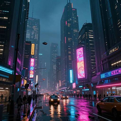 Neon-lit, rainy urban night scene photograph of a bustling city street with tall skyscrapers, colorful illuminated billboards, and wet, reflective