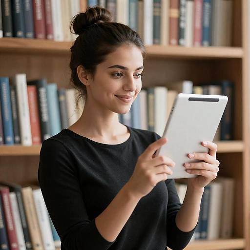 Woman Smiling at Tablet by Bookshelf