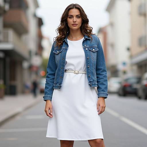Photograph of a young woman with long brown hair, wearing a white dress, denim jacket, and white belt, standing on a blurred urban street.