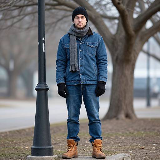Photograph of a bearded man in winter attire: black beanie, gray scarf, blue denim jacket, jeans, black gloves, tan boots,