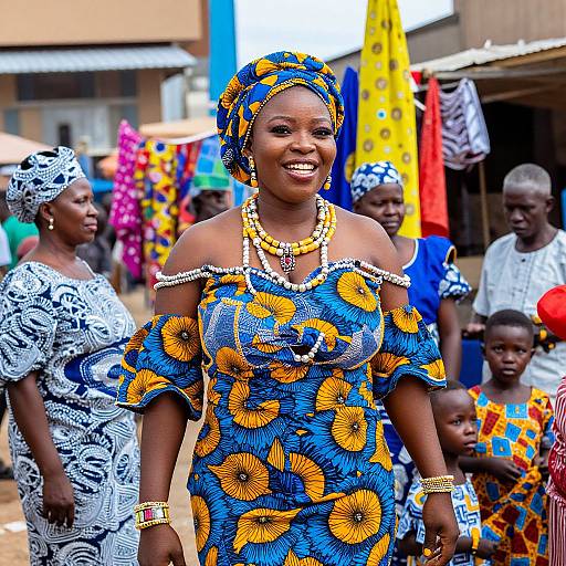 Photograph of a smiling African woman in vibrant blue and yellow floral dress, adorned with jewelry, standing in a lively market with colorful, patterned-cl