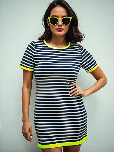 Woman in Striped Dress with Neon Trim and Black Sunglasses