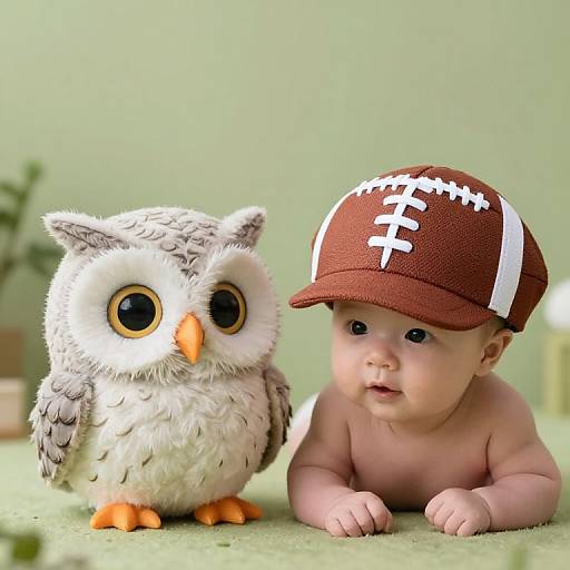 CGI image of a chubby, shirtless baby with a brown football cap, lying next to a cute, cartoon owl with large eyes.