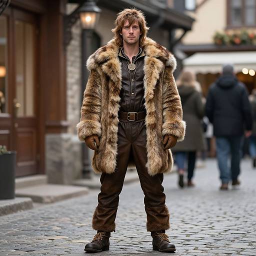 Photograph of a rugged man with shaggy hair, wearing a luxurious brown fur coat, brown pants, and boots, standing on a cobble