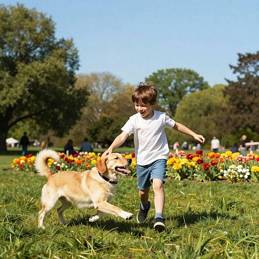 Boy Playing with Dog in Lush Park