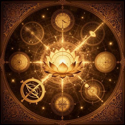Digital artwork of a radiant golden lotus at the center, surrounded by celestial symbols, astrological circles, and intricate border patterns on a dark, star