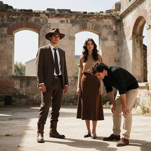 Three People in Front of Ruined Stone Building