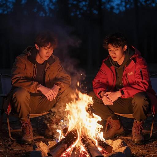 Nighttime Campfire with Two Young Men
