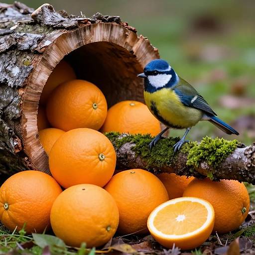 Whimsical Nature Scene with Bird and Oranges
