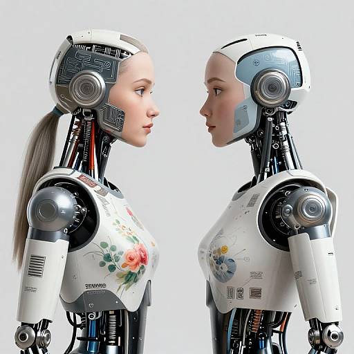 Photorealistic CGI of two female humanoid robots facing each other, both with white mechanical bodies and floral-patterned chests, set against a white background.