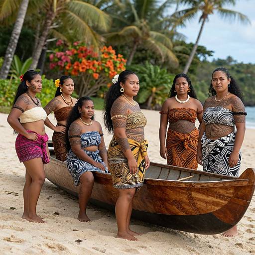 Photograph of six Polynesian women in traditional, patterned dresses standing and sitting in a wooden boat on a tropical beach, surrounded by palm trees