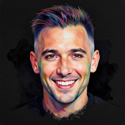 Digital portrait of a smiling man with short, multicolored hair against a black background, featuring vibrant, neon-like colors.