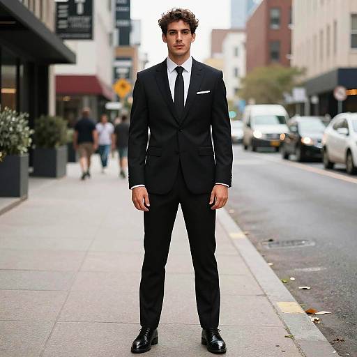 Man in Black Suit Standing on City Street
