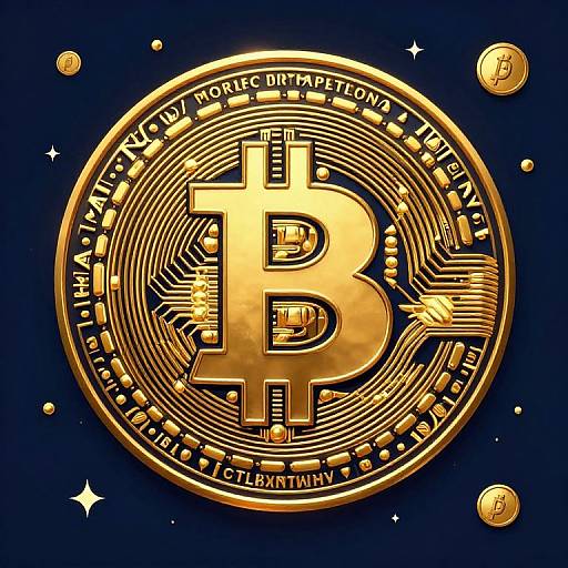 Digital illustration of a gold Bitcoin coin with intricate circuitry patterns, surrounded by smaller gold coins and stars on a dark blue background.
