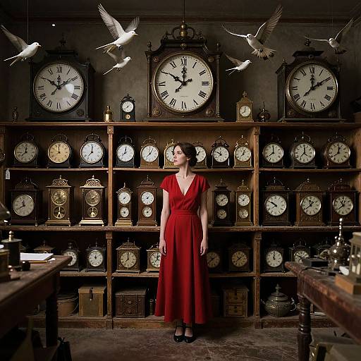 Photograph of a woman in a red dress standing in a dimly lit clock shop, surrounded by antique clocks and three flying doves.