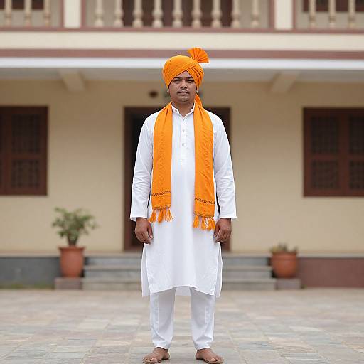 Photograph of an Indian man standing in front of a building, wearing a white kurta, orange turban, and matching orange scarf, barefoot