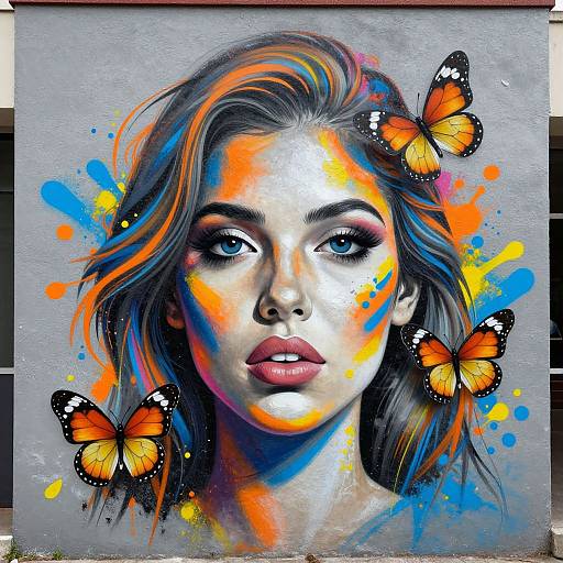 Vibrant street art portrait of a woman with blue eyes, orange and blue splashes, and three orange butterflies on a gray canvas.