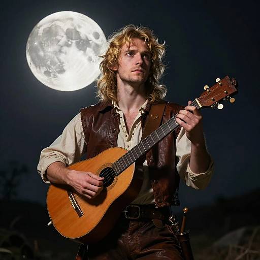 Photograph of a blonde, bearded man with wavy hair playing a wooden acoustic guitar under a bright full moon in a dark night sky. He