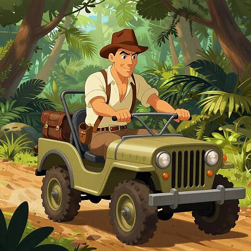 Cartoon Adventurer Driving Vintage Jeep in Jungle