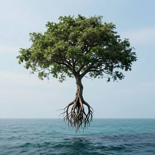 Photorealistic digital artwork of a floating tree with lush green leaves and exposed, sprawling roots, set against a clear blue sky and calm ocean.