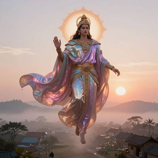 Lathandar God of Dawn Floating Above Village