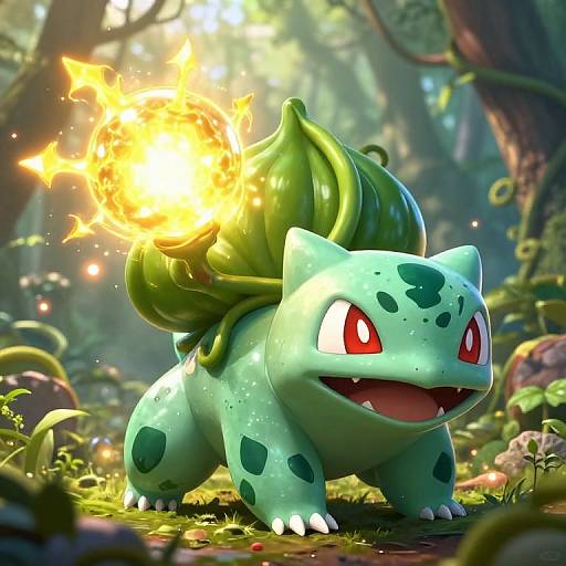 Digital art of Bulbasaur, a green, dinosaur-like Pokémon with red eyes and a leafy bulb on its back, emitting a bright, fiery