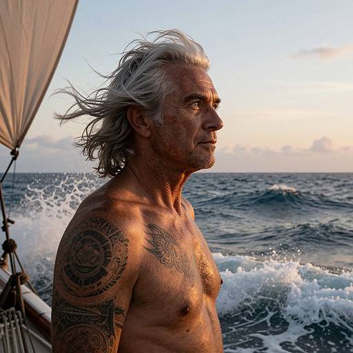 Photograph of a shirtless, tattooed, older man with gray hair standing on a boat in the ocean at sunset, waves splashing.
