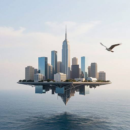 Photorealistic digital artwork of a futuristic cityscape floating on a calm ocean, featuring skyscrapers, a bird in flight, and a reflective,