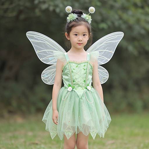 Photograph of a young Asian girl with fair skin, wearing a light green fairy dress, transparent wings, and a flower headpiece, standing in a