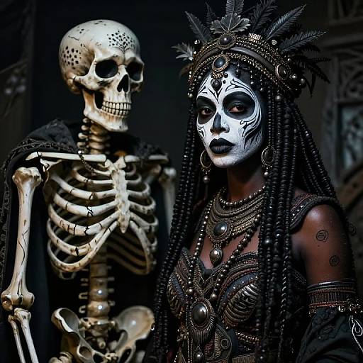 Photograph of a dark-skinned woman in elaborate black and silver tribal attire with white face paint, standing beside a detailed skeleton in a dimly lit