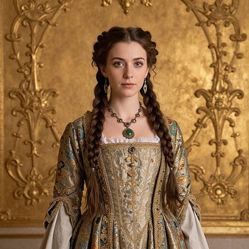 Photograph of a young woman with brown braided hair, wearing an ornate gold and green Renaissance-style dress, against a gold, intricately pattern