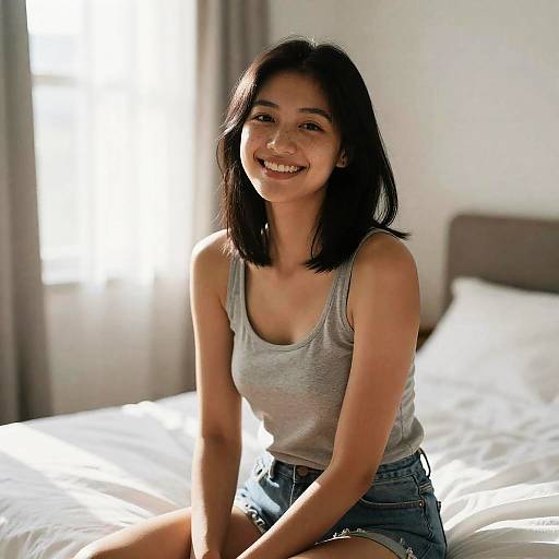 Photograph of an Asian woman with shoulder-length black hair, smiling, wearing a gray tank top and denim shorts, sitting on a sunlit bed.