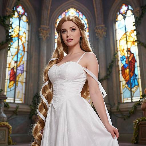 Photograph-style CGI of a beautiful blonde woman with long, wavy hair in a white, off-shoulder wedding dress, standing in a Gothic