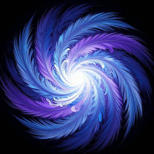 Digital art of a swirling vortex with vibrant blue, purple, and white feather-like tendrils, centered on a black background.