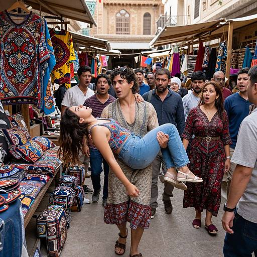 Photograph of a bustling outdoor market: a young man lifts a laughing woman in a colorful dress and jeans, surrounded by diverse shoppers and vibrant, pattern