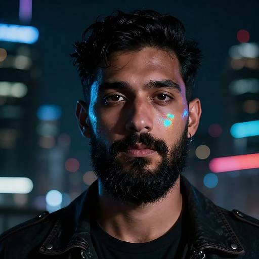 Photograph of a bearded man with dark hair, piercing gaze, black jacket, and glowing blue face paint, set against a blurred city night skyline