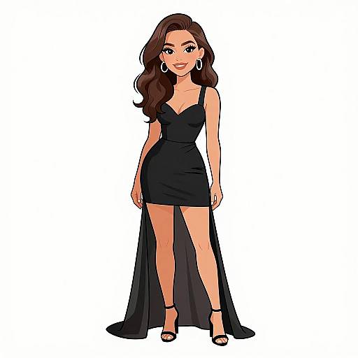 Digital illustration of a smiling woman with long brown hair, wearing a black, sleeveless, V-neck, thigh-high slit dress, and black heels.