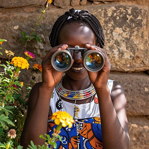 Photograph of a smiling dark-skinned woman with braids, wearing colorful traditional dress and multiple necklaces, using binoculars against a stone wall