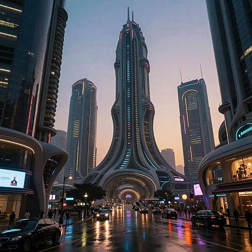 Photograph of a futuristic cityscape at dusk, featuring a towering, curved skyscraper with neon lights, surrounded by sleek, illuminated buildings and a wet