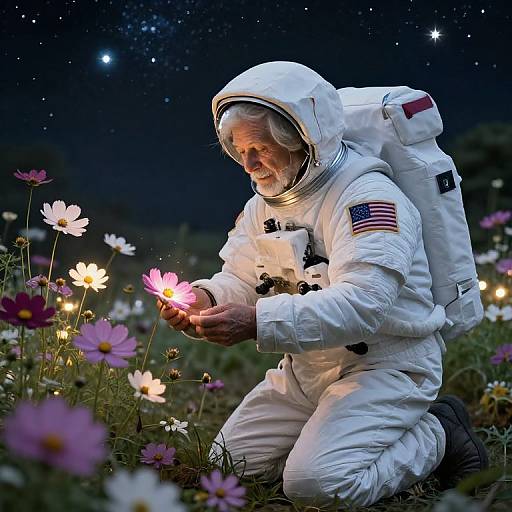 Photograph of an astronaut in a white spacesuit with American flag, kneeling in a starry night field of blooming pink and white flowers, gently