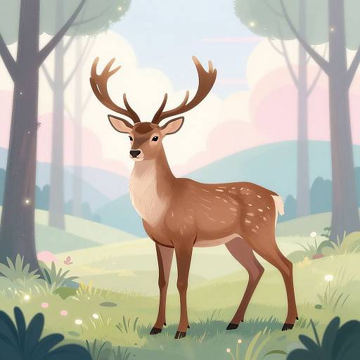 Digital illustration of a graceful brown deer with large antlers standing in a sunlit forest clearing, surrounded by tall trees and soft, glowing light.