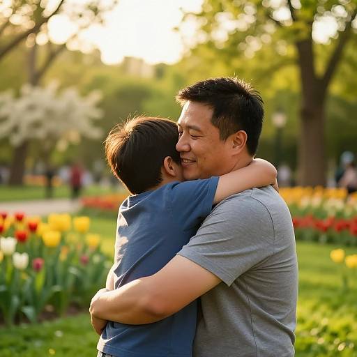 Photograph of a smiling Asian man in a gray shirt hugging a young boy in a blue shirt, surrounded by colorful tulips in a sunlit