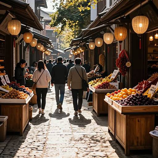 Photograph of a sunlit, narrow, bustling Asian market street with wooden stalls, hanging paper lanterns, colorful fruits, and shoppers walking away.