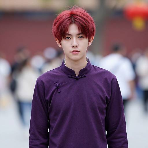 Photograph of a young Asian man with red hair, pale skin, wearing a dark purple long-sleeve shirt, standing in a blurred outdoor setting
