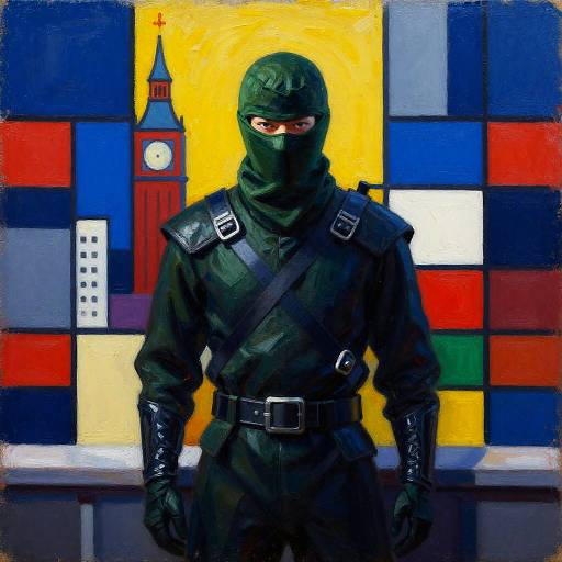 Ninja Standing Against London Skyline in Mondrian Style