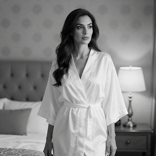 Black-and-White Portrait: Woman in Floral Robe