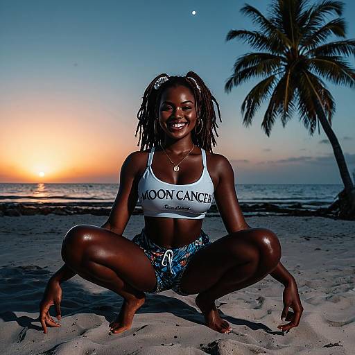 Photograph of a smiling, dark-skinned woman with dreadlocks squatting on a beach at sunset, wearing a 