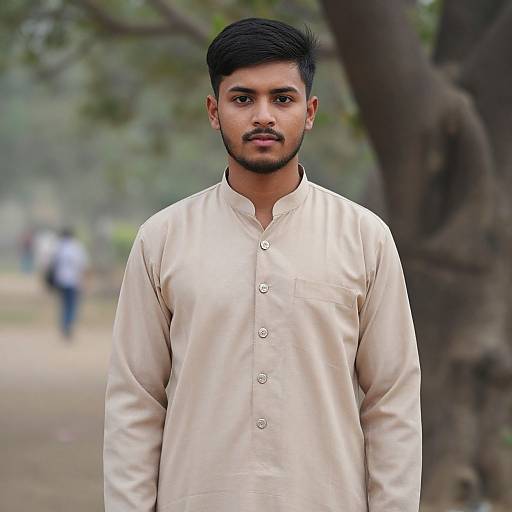 Photograph of a young South Asian man with short black hair and beard, wearing a beige long-sleeve kurta, standing outdoors in front of