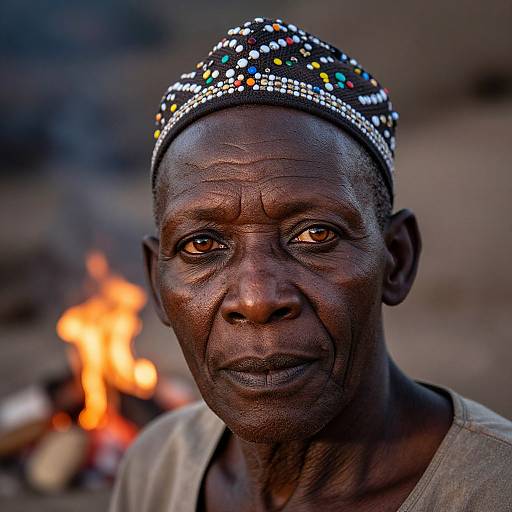 Photograph of a dark-skinned elderly woman with deep wrinkles, wearing a colorful beaded headscarf, looking solemnly at the camera, with