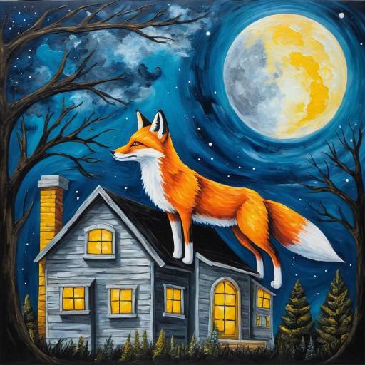 Fox Standing on House Roof Under Full Moon